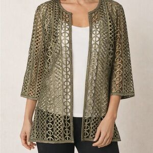 Chico’s Travelers Open Lattice Jacket in Tuscan Olive Green/Gold Size 3 (16/18)
